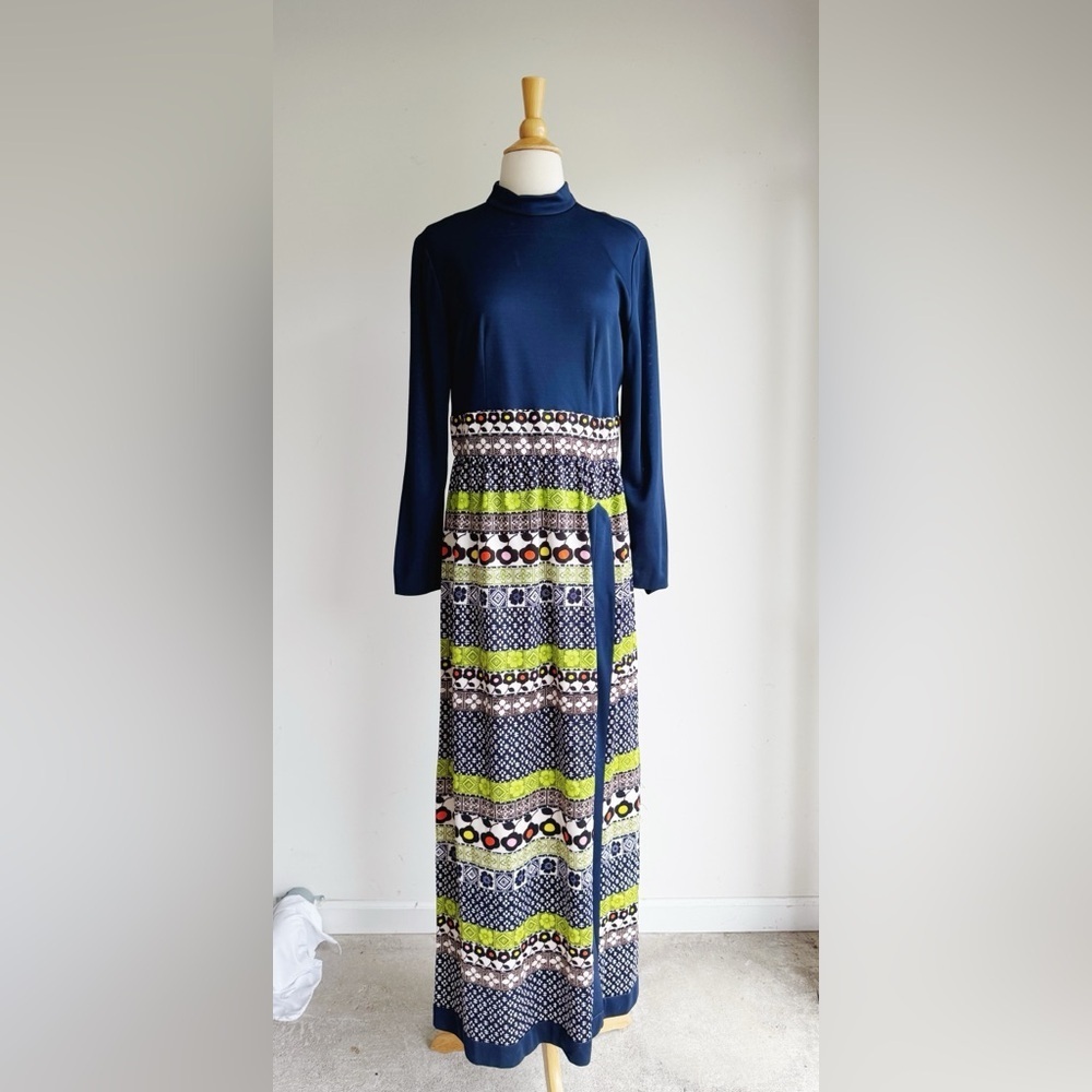 VINTAGE Leslie Fay Mod Maxi Dress 70s Retro Best Fit M/L - Picture 2 of 7